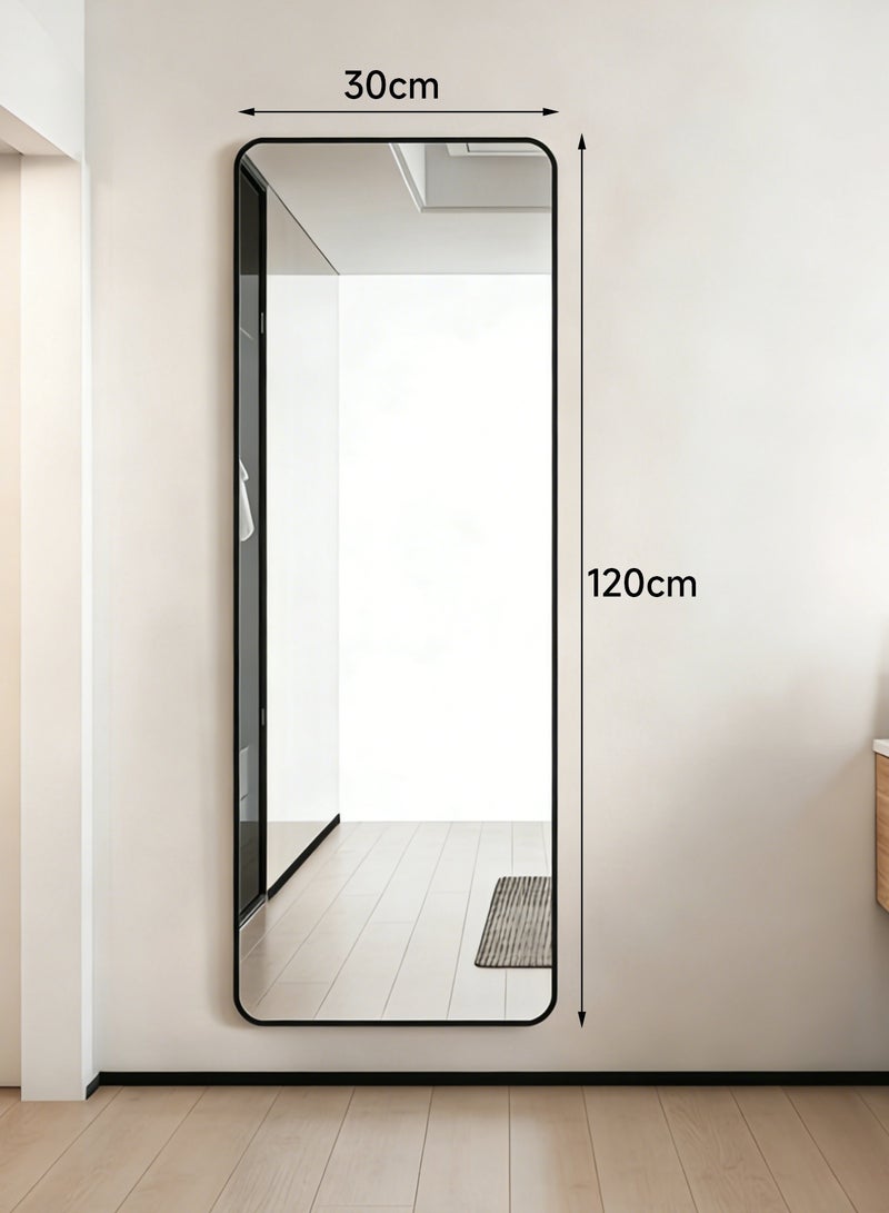 أركايوبتيركس مرآة مستطيلة بطول 120 × 30 سم وحواف مستديرة، تثبت على الحائط أو توضع على الحائط، مرآة بإطار من الألومنيوم لغرفة المعيشة وغرفة النوم والمدخل (سوداء) - Image 1